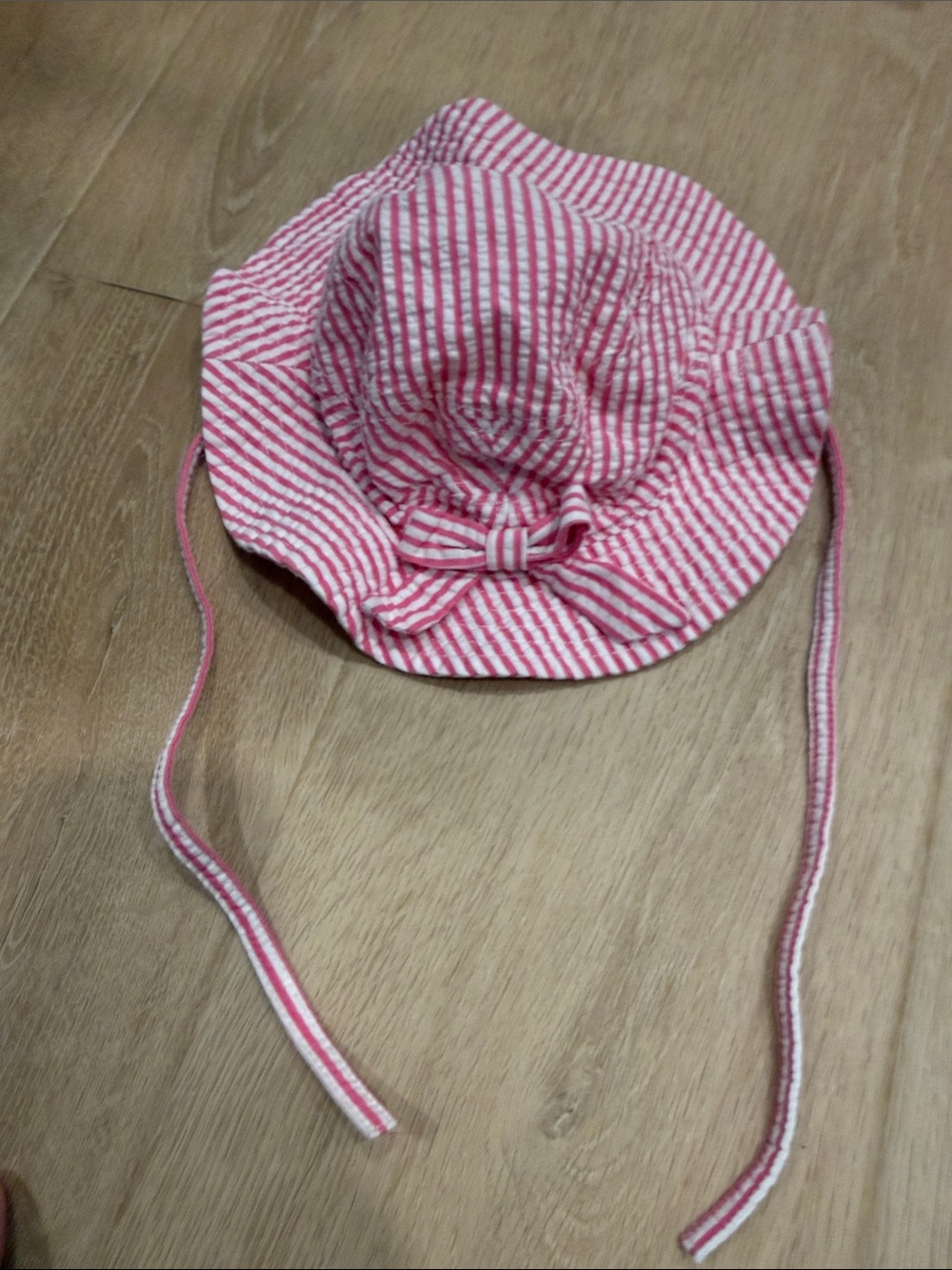 Pink Seer Sucker Baby Sun Hat with Chin Ties
